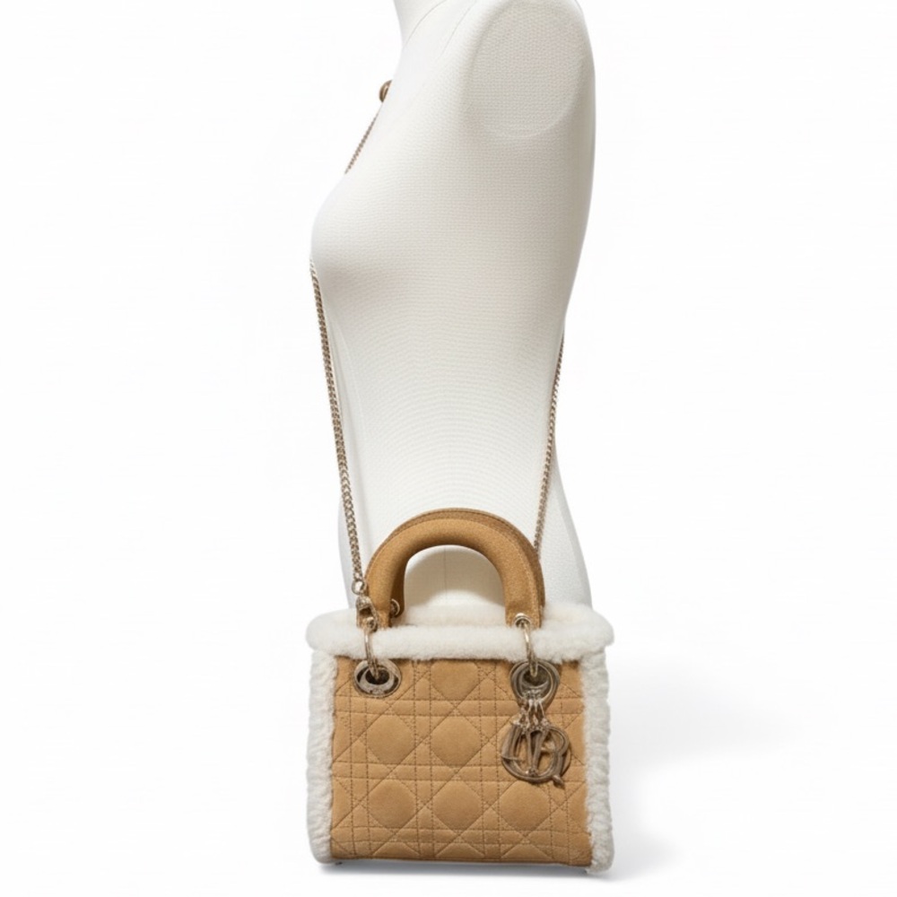 Christian Dior Lady Dior Mini Shearling Cannage Suede Bag Ecru w/ Gold Hardware - Picture 2 of 16